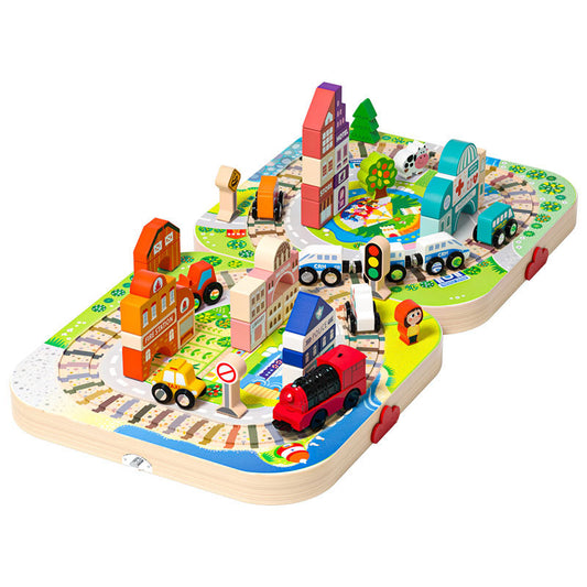 Wooden track city building blocks playset with red electric train