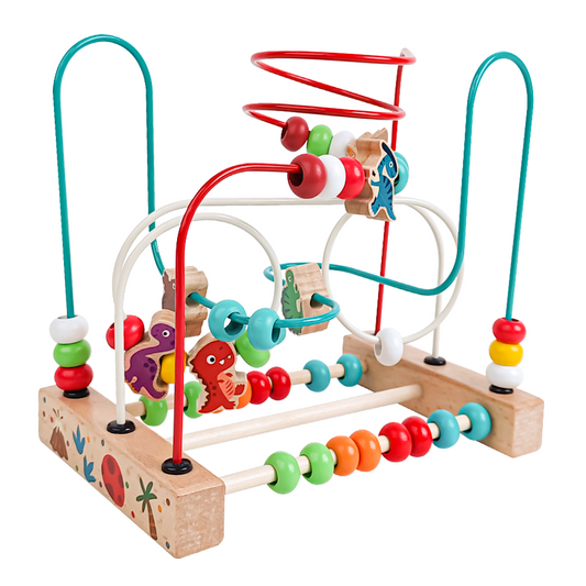 Dinosaur-themed wooden bead maze toy for toddlers