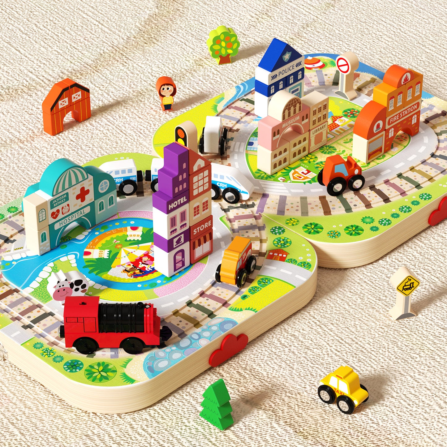 Wooden Track City Building Blocks with Red Train