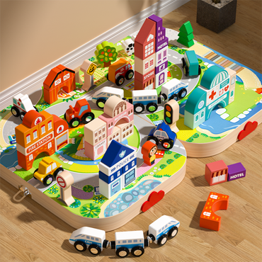 Wooden city playset with buildings, vehicles and storage box
