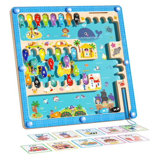 Ocean alphabet maze puzzle with magnetic fishing game