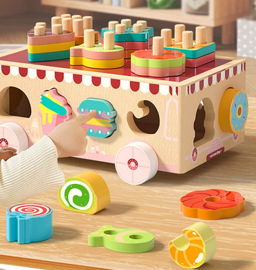 Montessori dessert-themed shape sorting truck for toddlers