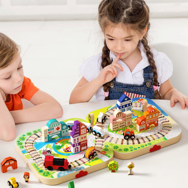 Portable wooden train track city toy for kids imaginative play
