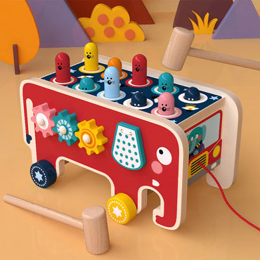 Multifunctional elephant activity wooden toy with whack-a-mole