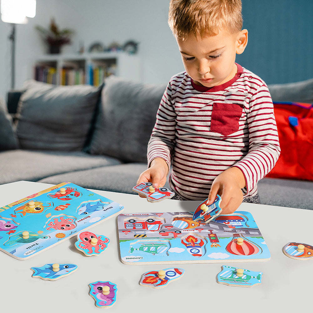 Toddler Educational Wooden Peg Puzzles (6-Pack)