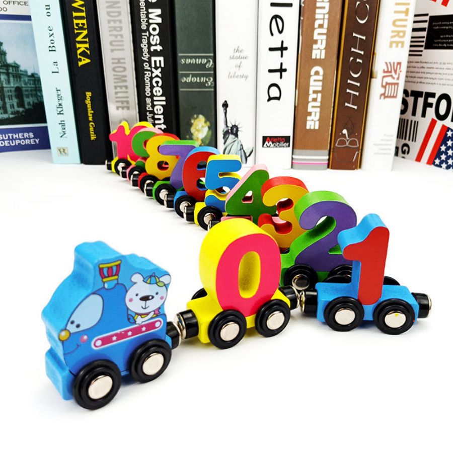 Interactive wooden math linking cube train playset