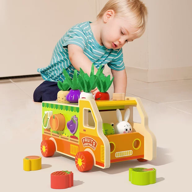 Kids wooden truck toy with rabbit driver and harvesting game