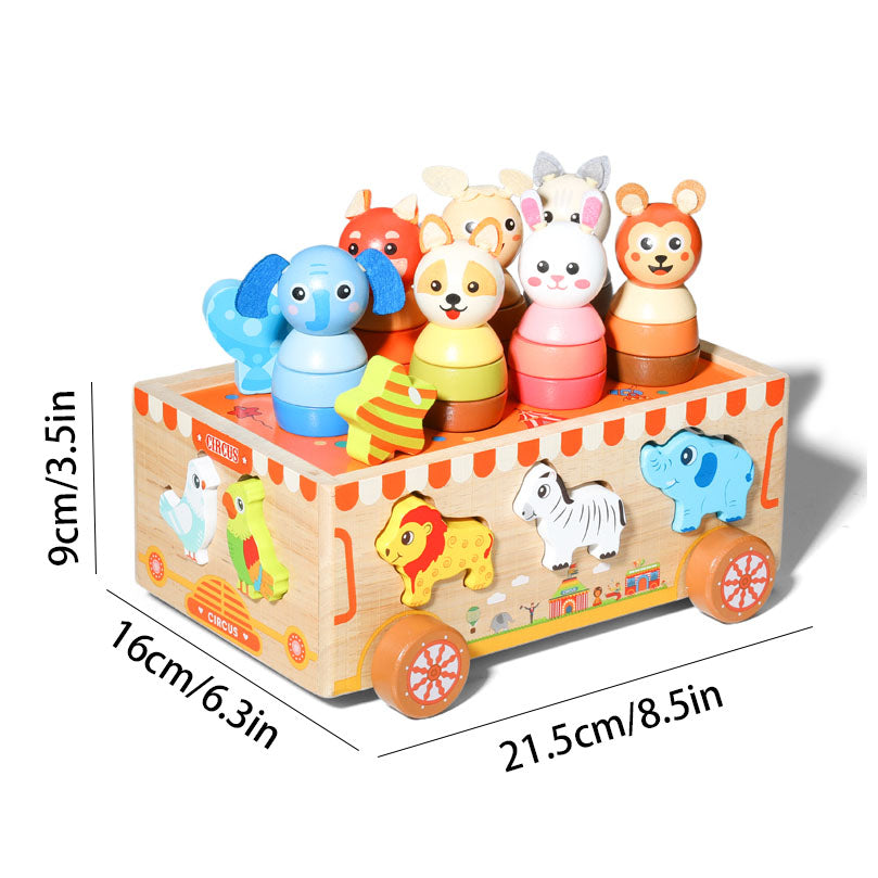 Safe natural wood circus animal truck toy for early learning