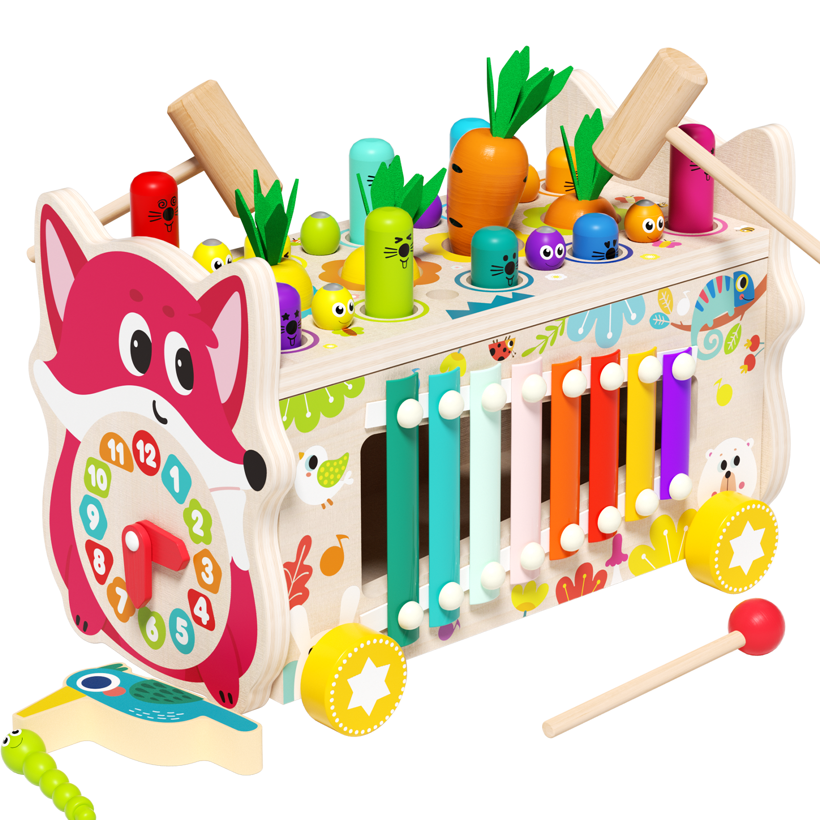 Multifunctional fox whack-a-mole wooden toy for toddlers