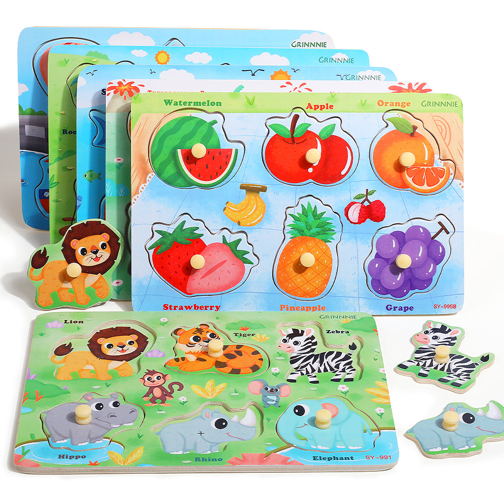 6-pack wooden peg puzzles for toddlers 1-4 years old
