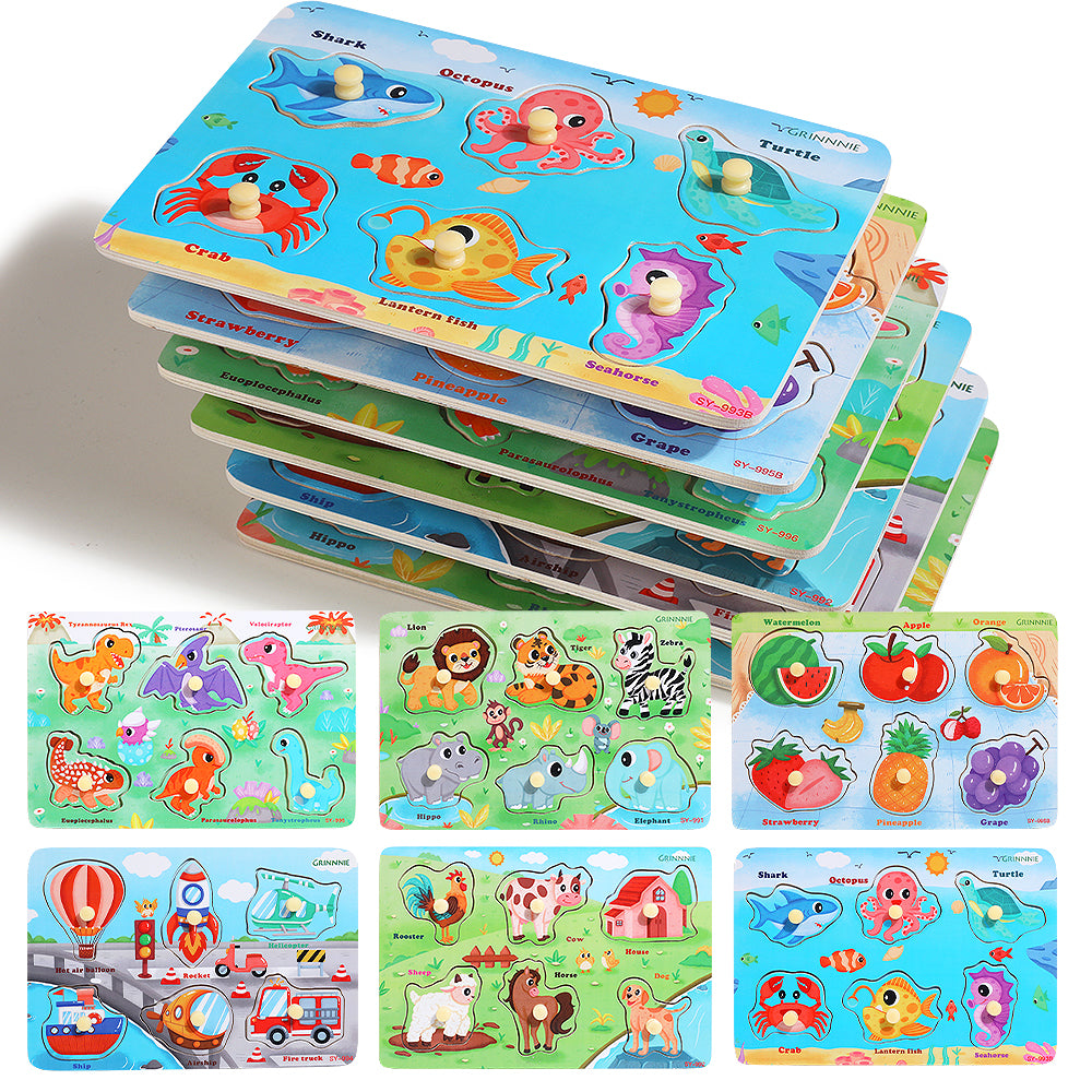 Educational wooden puzzle set with colorful animal and fruit themes