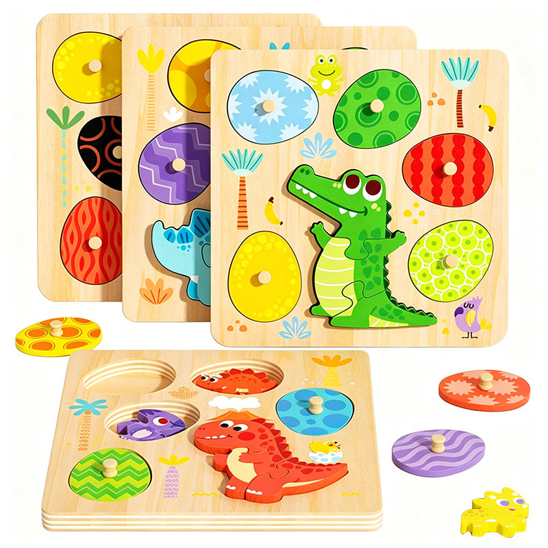 Dinosaur and egg matching wooden peg puzzle for toddlers