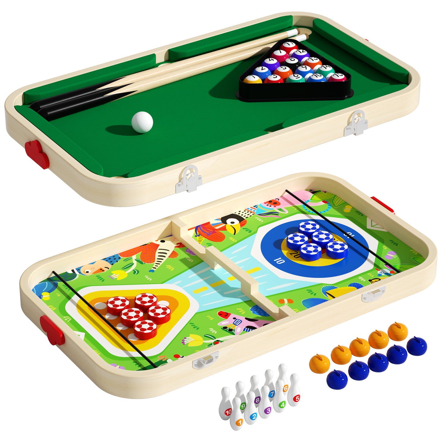 wooden kids billiard curling and bowling game set