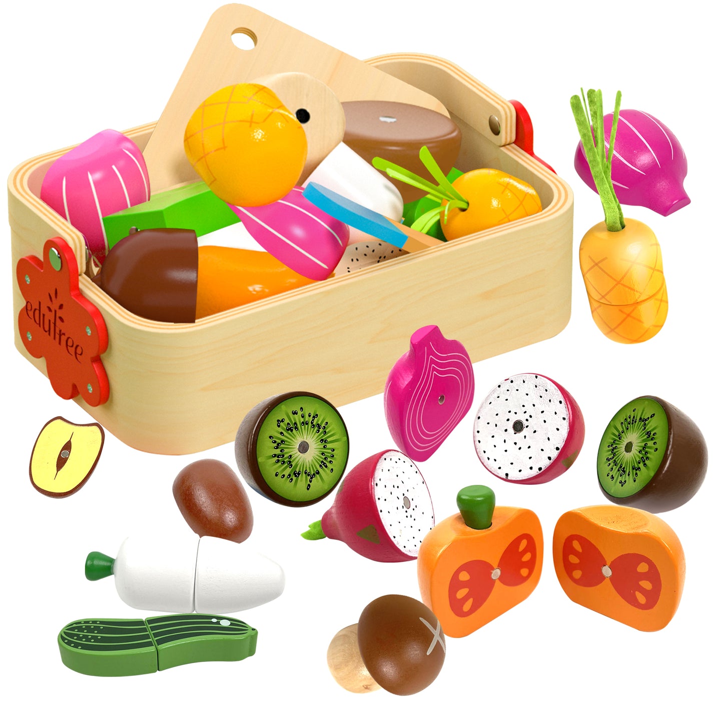 Magnetic wooden fruit and vegetable cutting toy set with basket