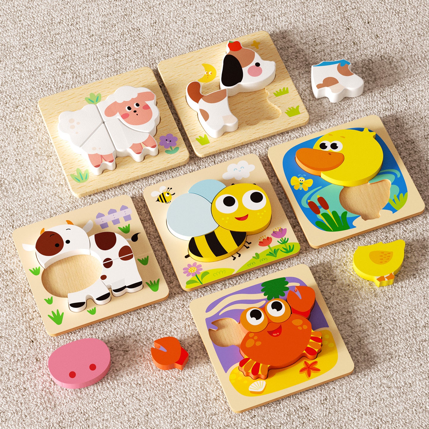 6-Pack Animal Wooden Puzzles for Toddlers