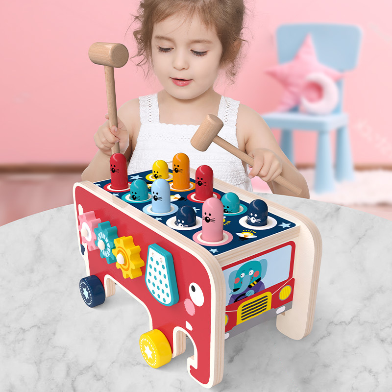 Montessori-style elephant-shaped wooden busy board for toddlers