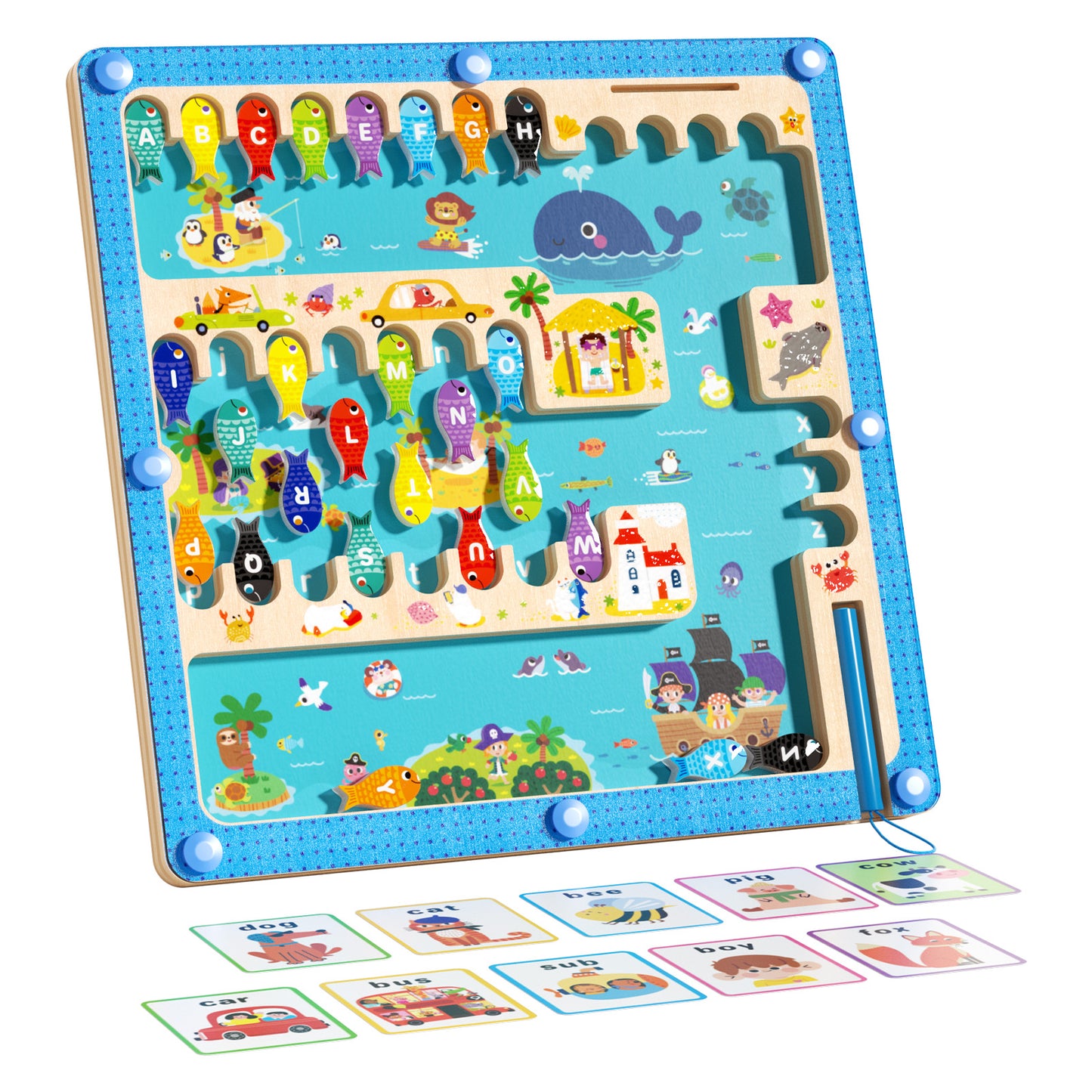 Ocean alphabet maze puzzle with magnetic fishing game