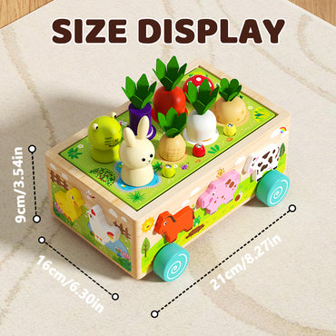 Montessori-style farm-themed wooden activity cart with vegetables