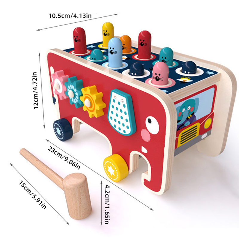 Kids wooden elephant toy with gears, counting beads and shapes