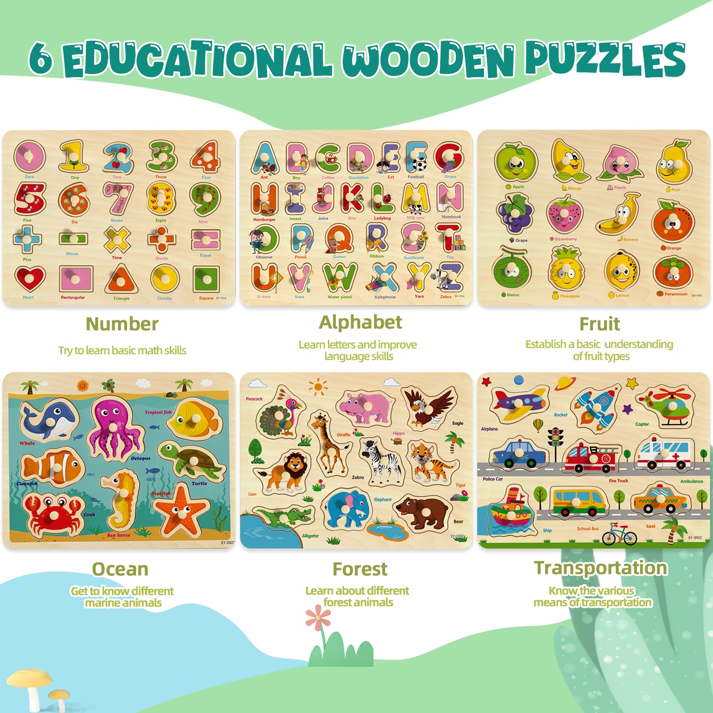 Montessori-style number alphabet animal transportation puzzles
