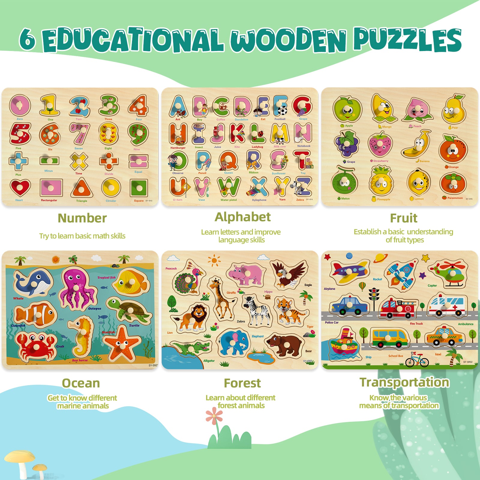 Montessori-style number alphabet animal transportation puzzles