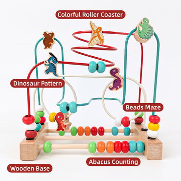 Colorful wooden counting bead maze with dinosaur decorations