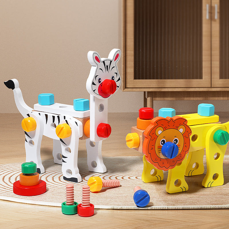 Montessori-style wooden toolbox toy with animal building parts