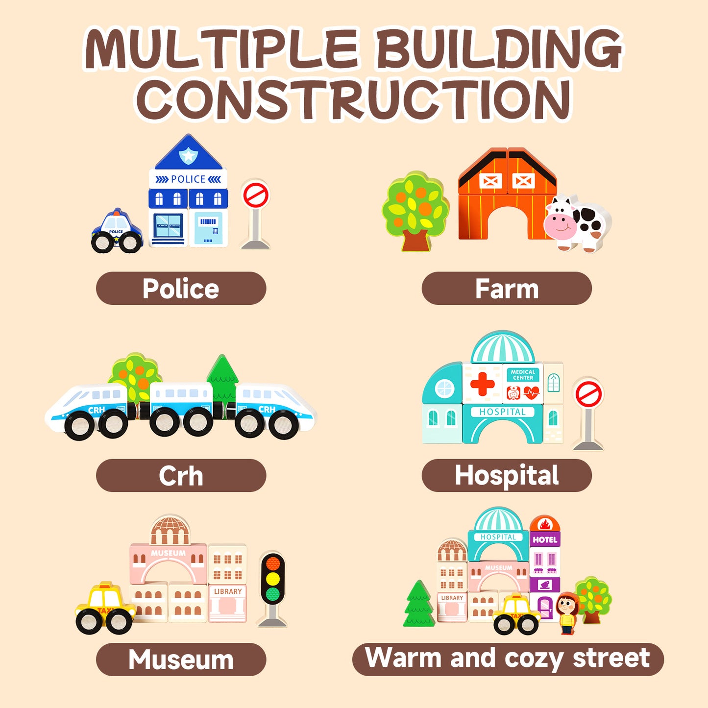 Educational wooden city train playset with buildings and vehicles