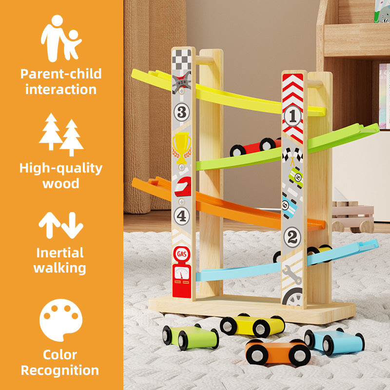 Toddler four lane gliding track car playset
