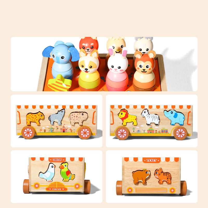 Kids wooden circus truck toy with animal stacking figures