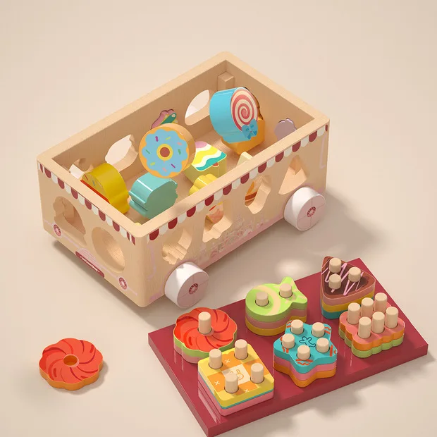 Kids wooden zoo truck toy with shape matching blocks