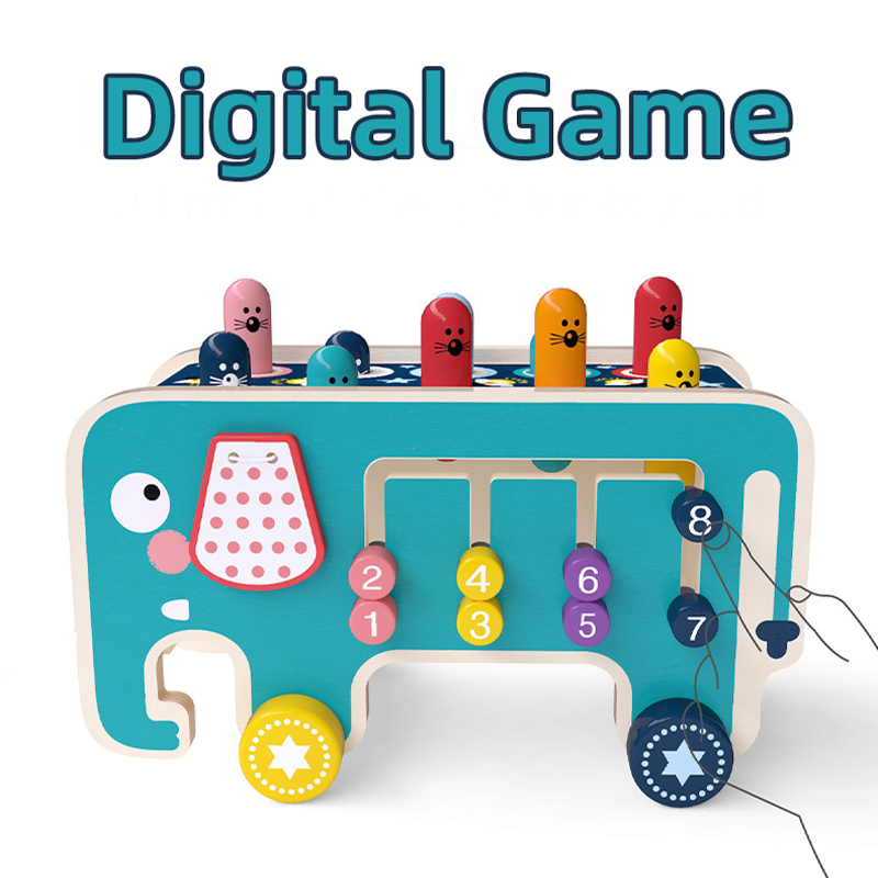 Educational wooden elephant whack-a-mole and gear puzzle playset