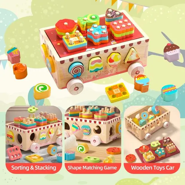 Colorful dessert shape matching wooden playset for early learning