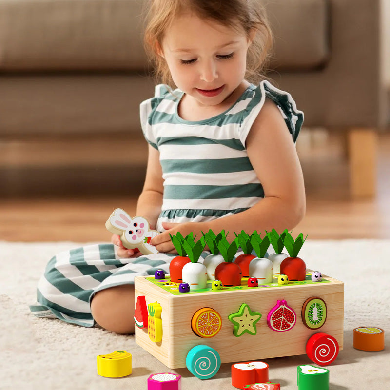 Wooden farm toy with sensory shapes and magnetic blocks