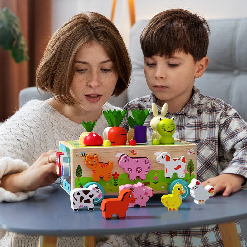 Kids fine motor skill farm animal matching wooden trolley