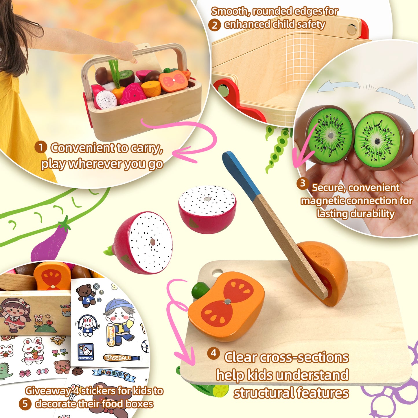 Realistic wooden fruits and vegetables play set with knife