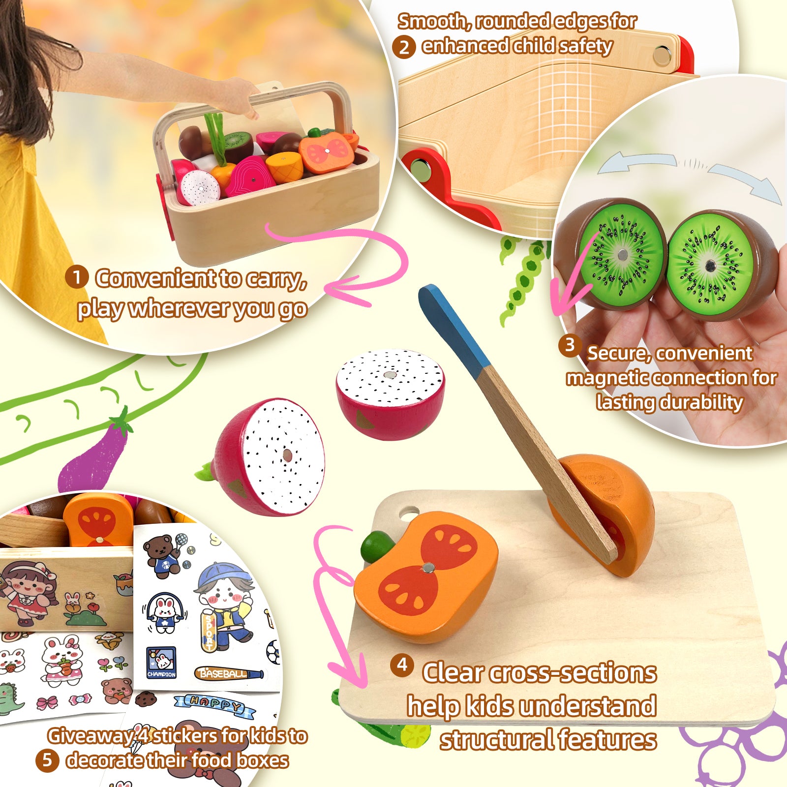 Realistic wooden fruits and vegetables play set with knife