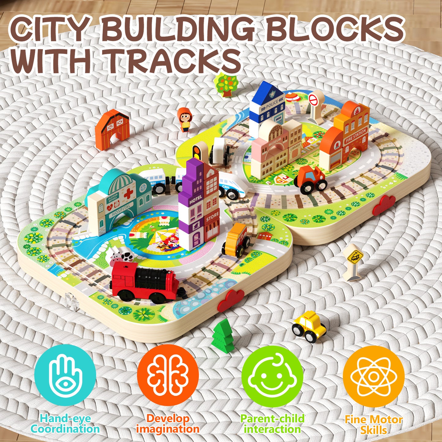 Travel-friendly wooden train track toy with storage box