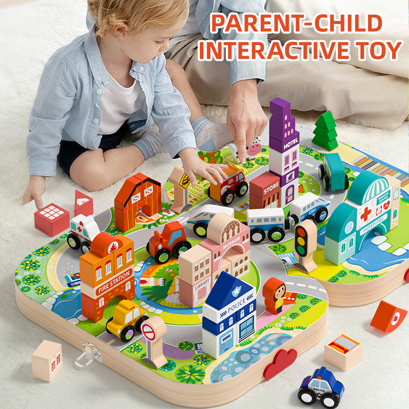 Educational wooden city building blocks set for hand-eye coordination