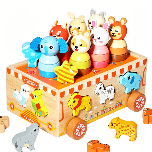 Circus animal sorting and stacking wooden truck toy
