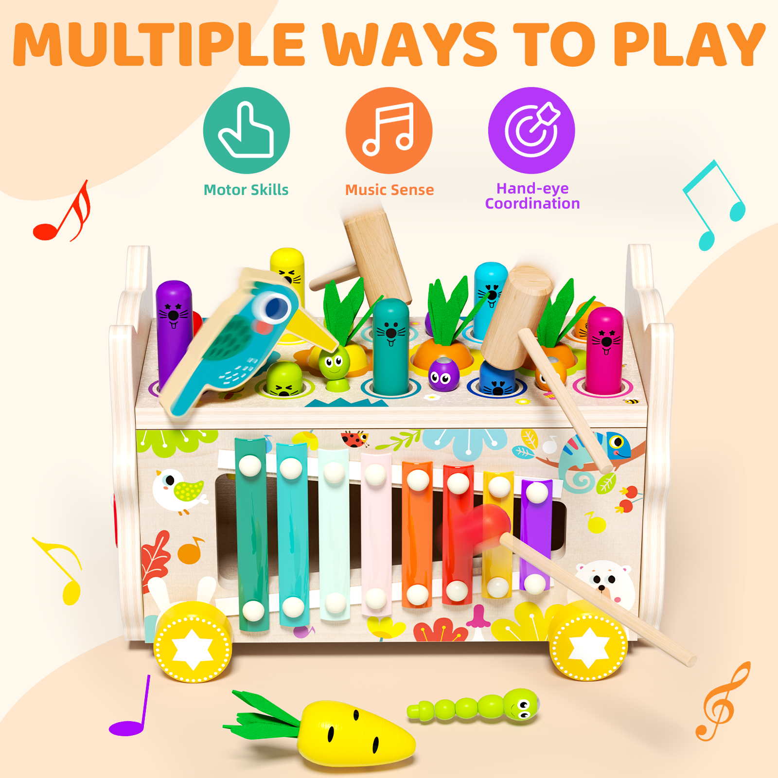 Interactive wooden whack-a-mole toy with music function