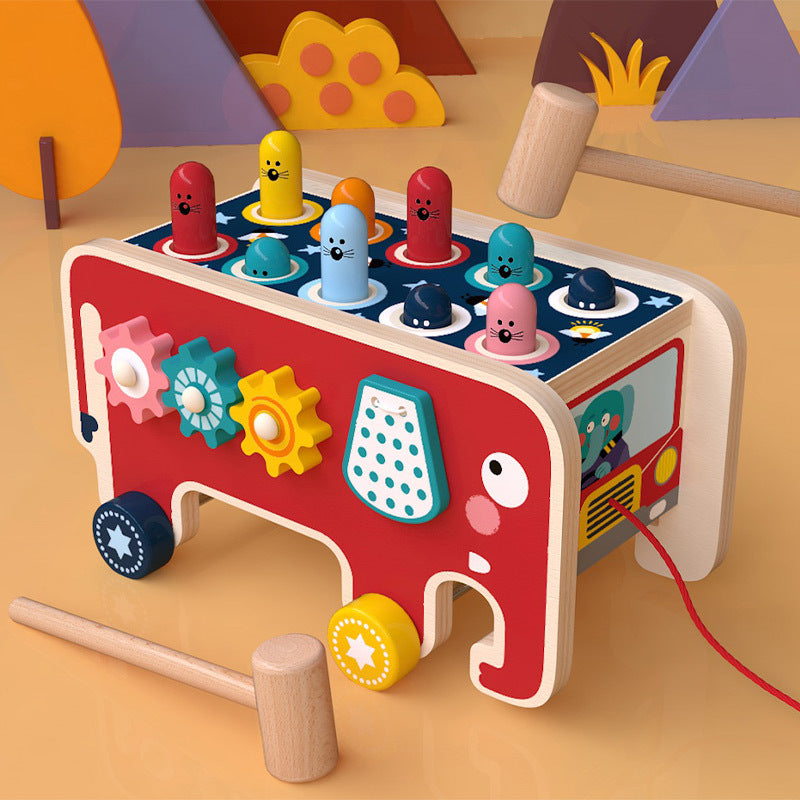 Multifunctional elephant activity wooden toy with whack-a-mole