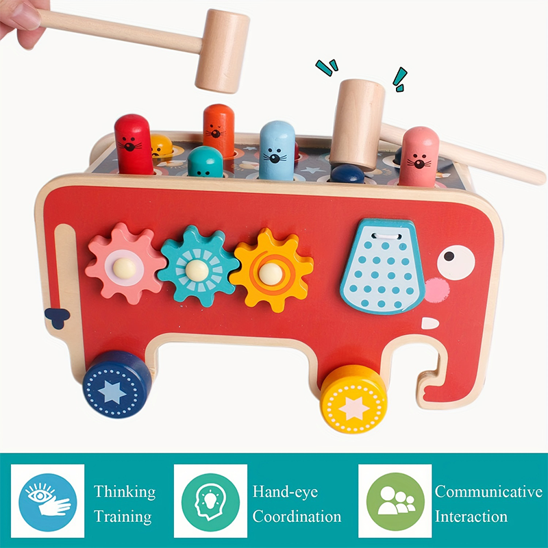 Safe natural wood elephant activity toy for early learning