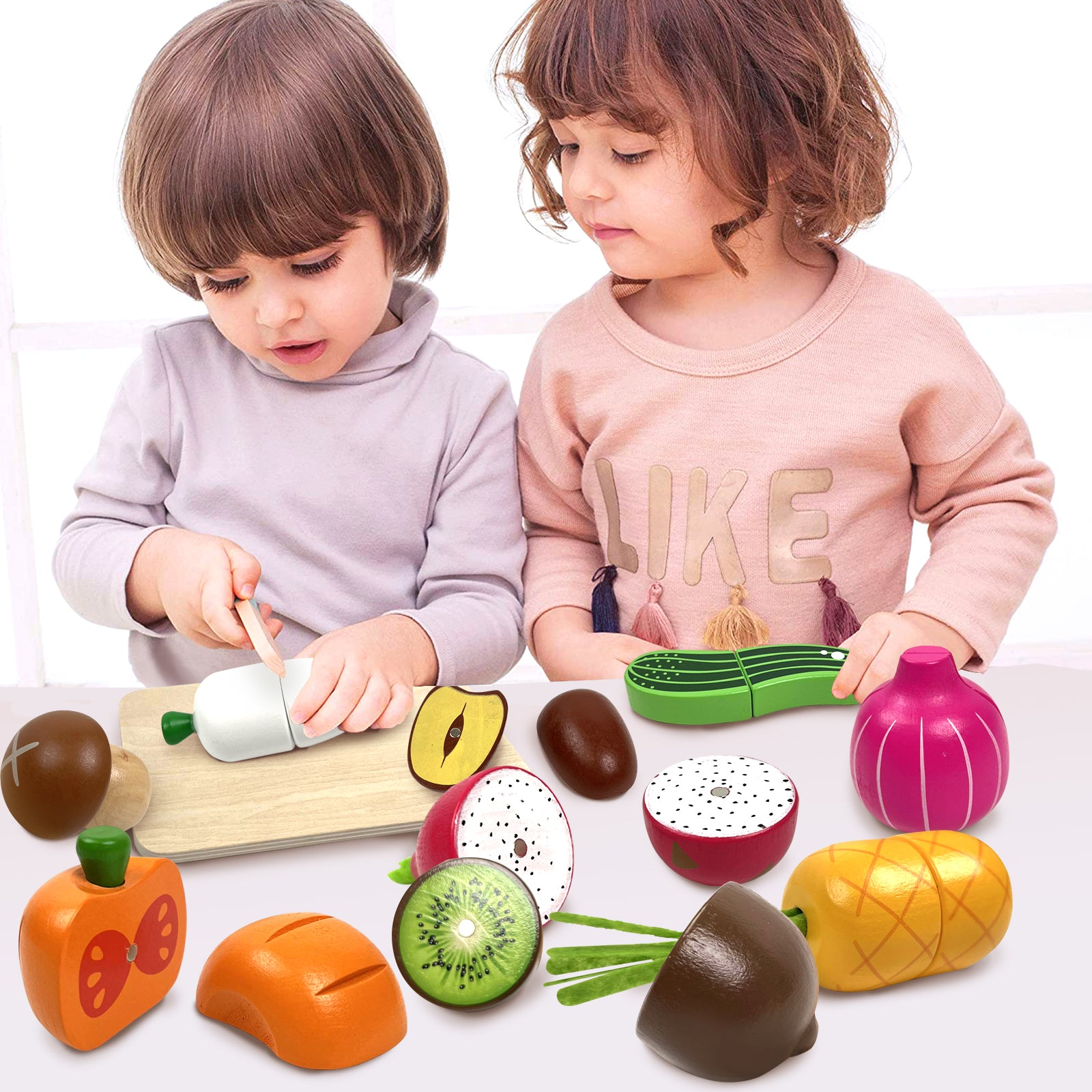 Safe wooden cutting food toy for hand-eye coordination training
