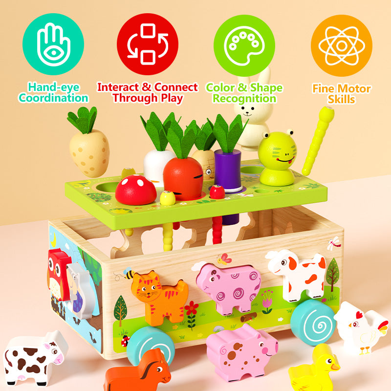 Interactive farm animal shape sorting and vegetable pulling game