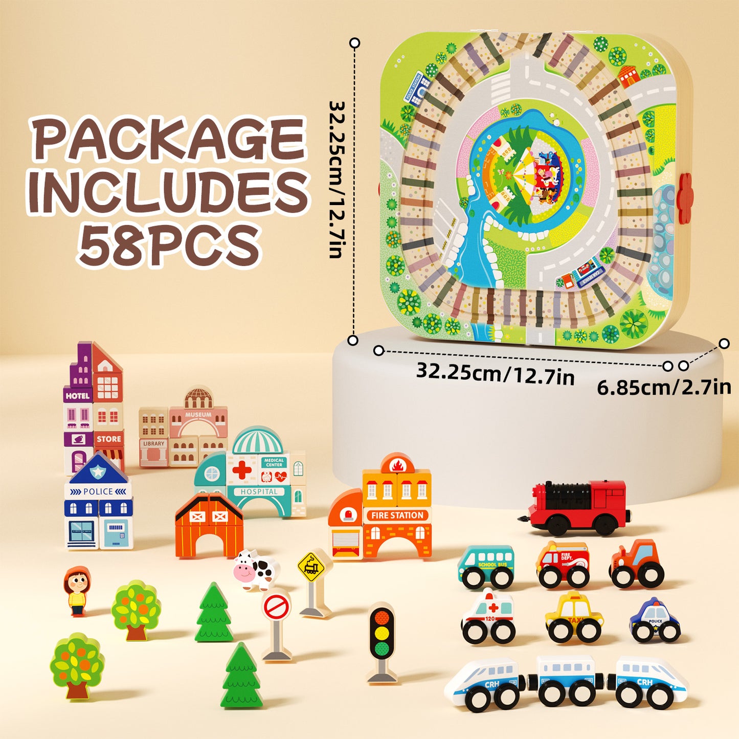 Kids wooden city building blocks set with red locomotive