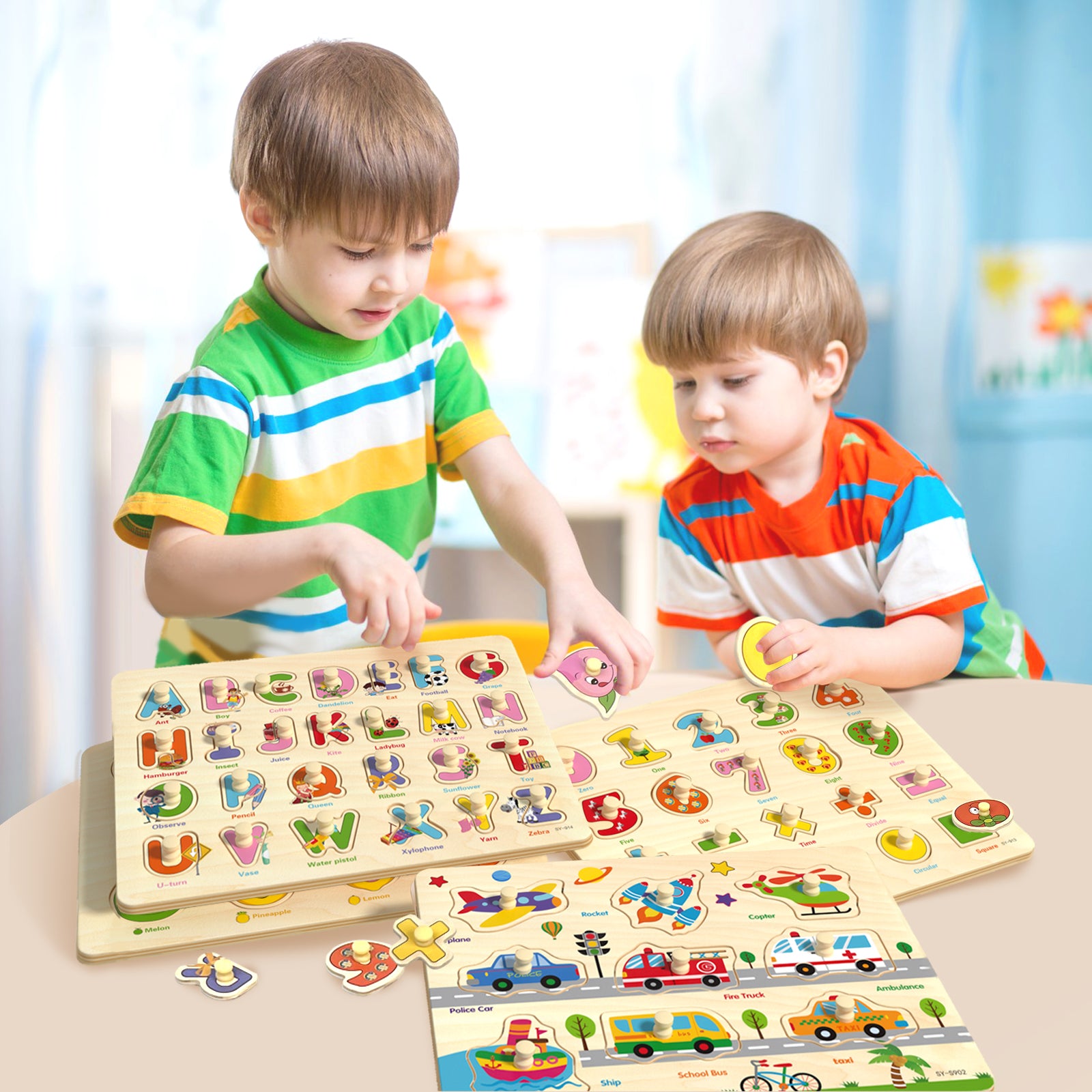 Toddler-friendly 6-themed wooden puzzle playset
