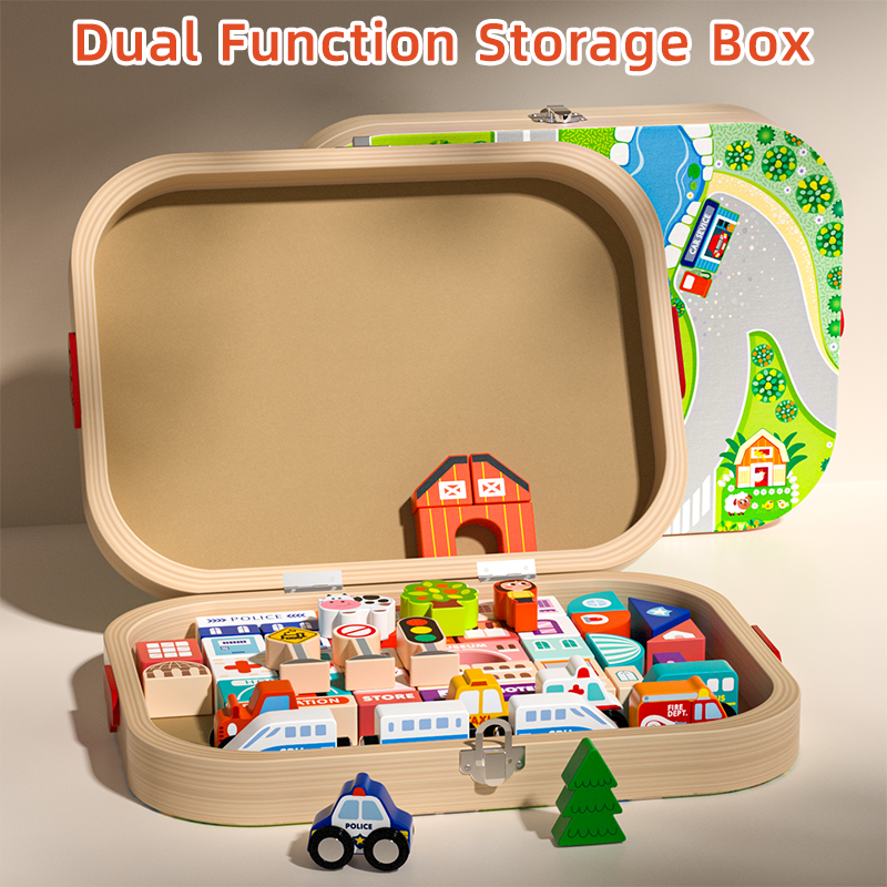Compact portable wooden city toy for trips and quiet play