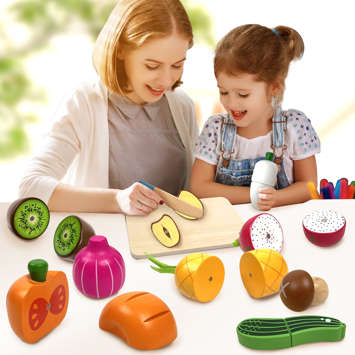 Montessori-style pretend play wooden food cutting set