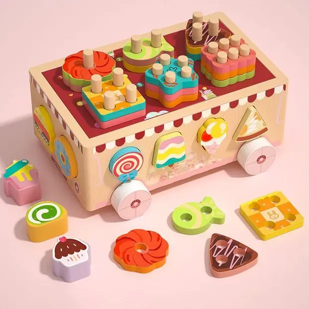 Safe natural wood shape sorting truck toy for early learning